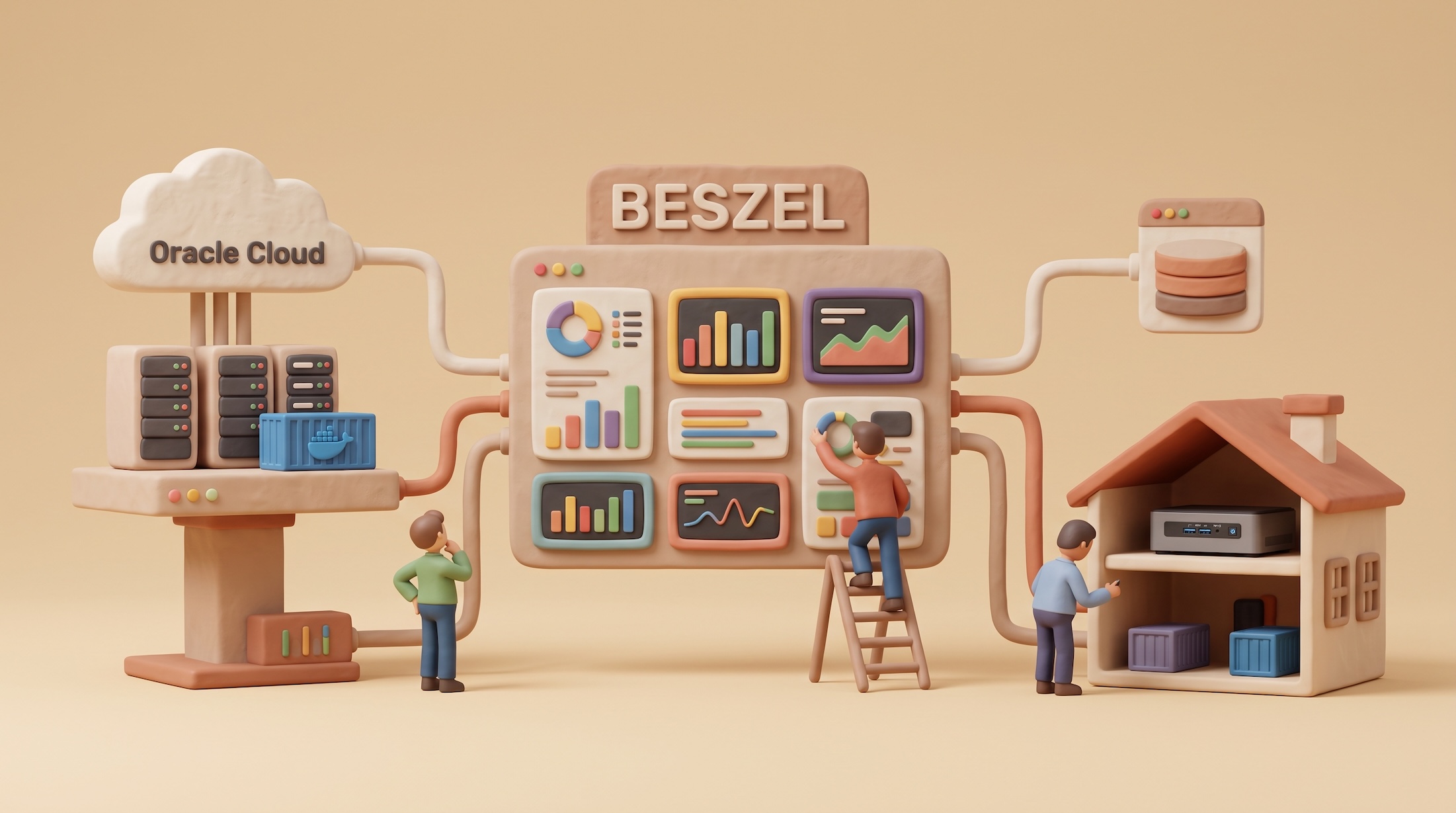 Panel de Beszel monitoreando una VM en Oracle Cloud y un Intel NUC con agentes conectados por WebSocket