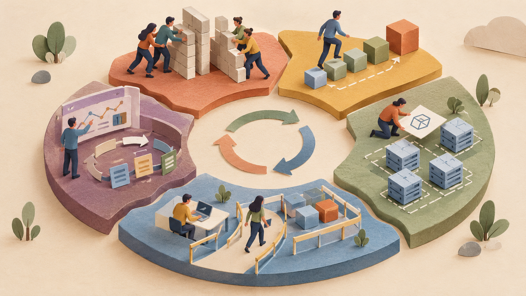 Ilustración que representa la cultura DevOps, la colaboración entre equipos y el ciclo de integración y entrega continua.