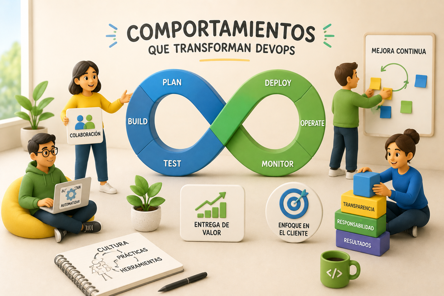 Ilustración que representa la cultura DevOps, la colaboración entre equipos y el ciclo de integración y entrega continua.