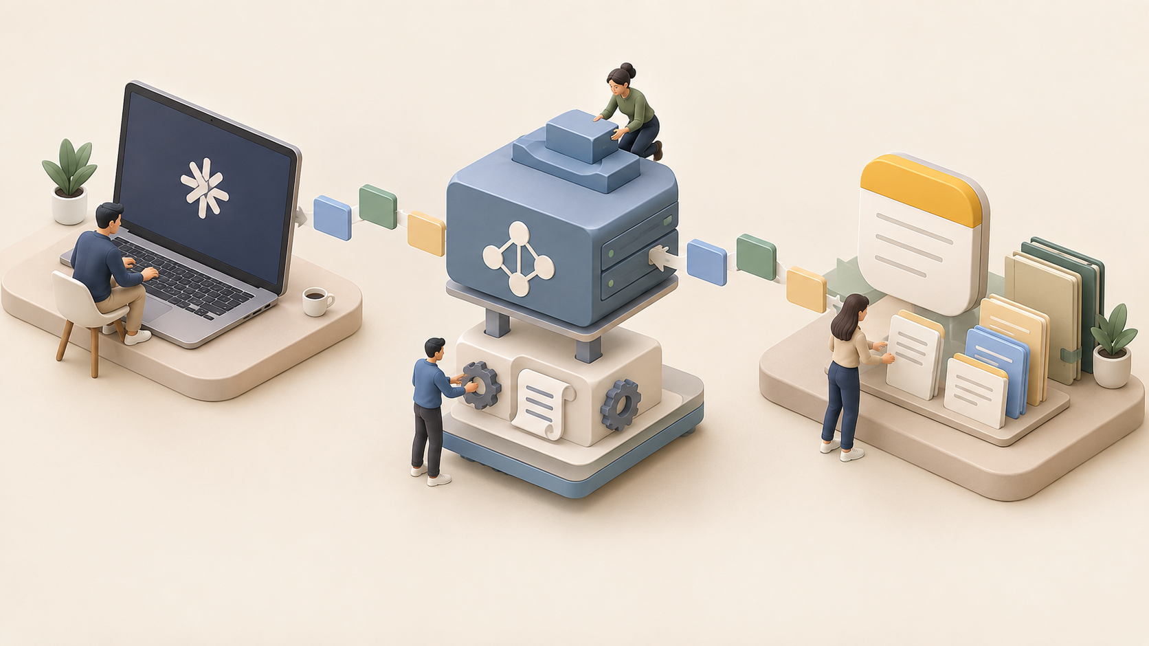 Ilustración de la integración de Apple Notes con Claude Desktop mediante MCP (Model Context Protocol) y automatización local en macOS.