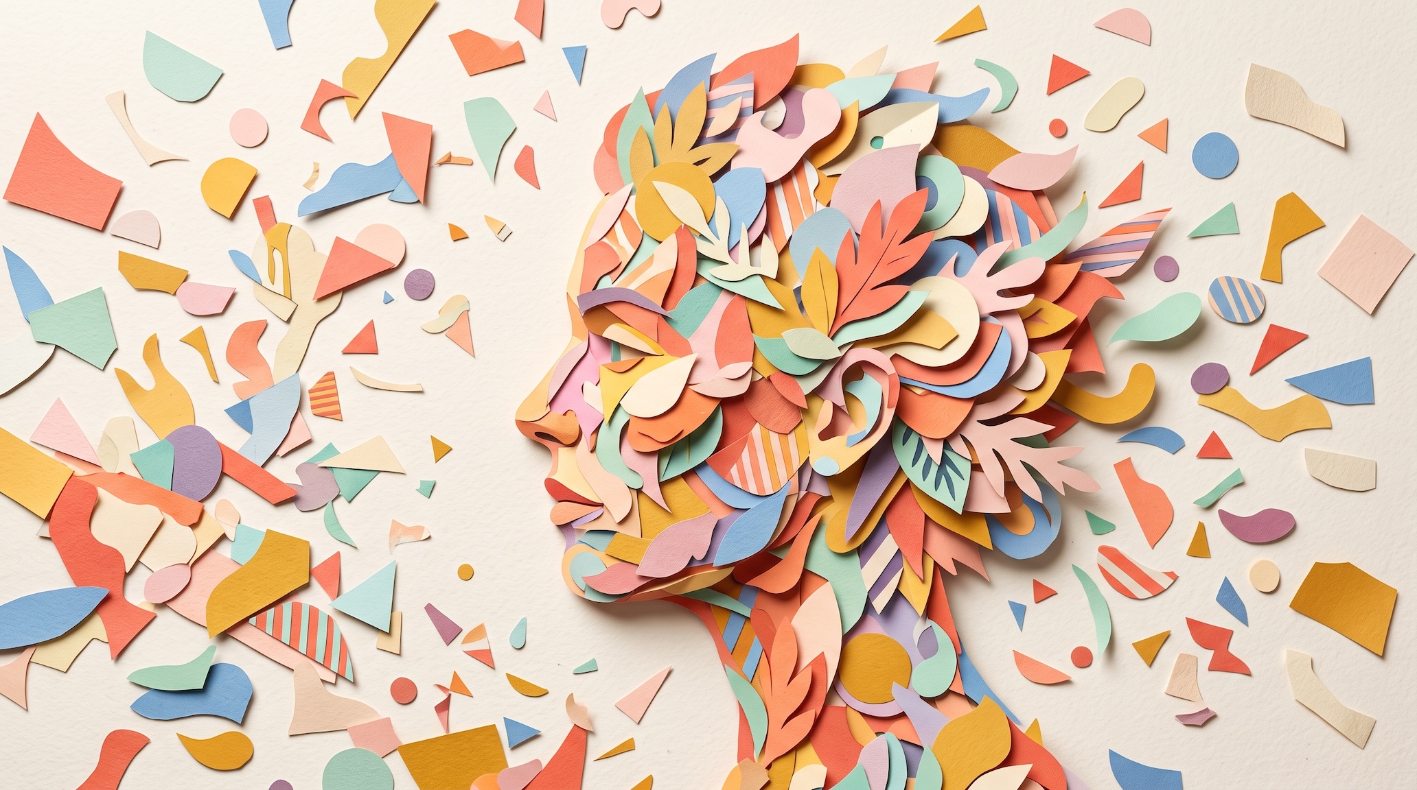 Ilustración donde piezas de papel dispersas convergen para formar la silueta de un rostro, representando cómo fragmentos de datos aislados construyen un perfil personal.