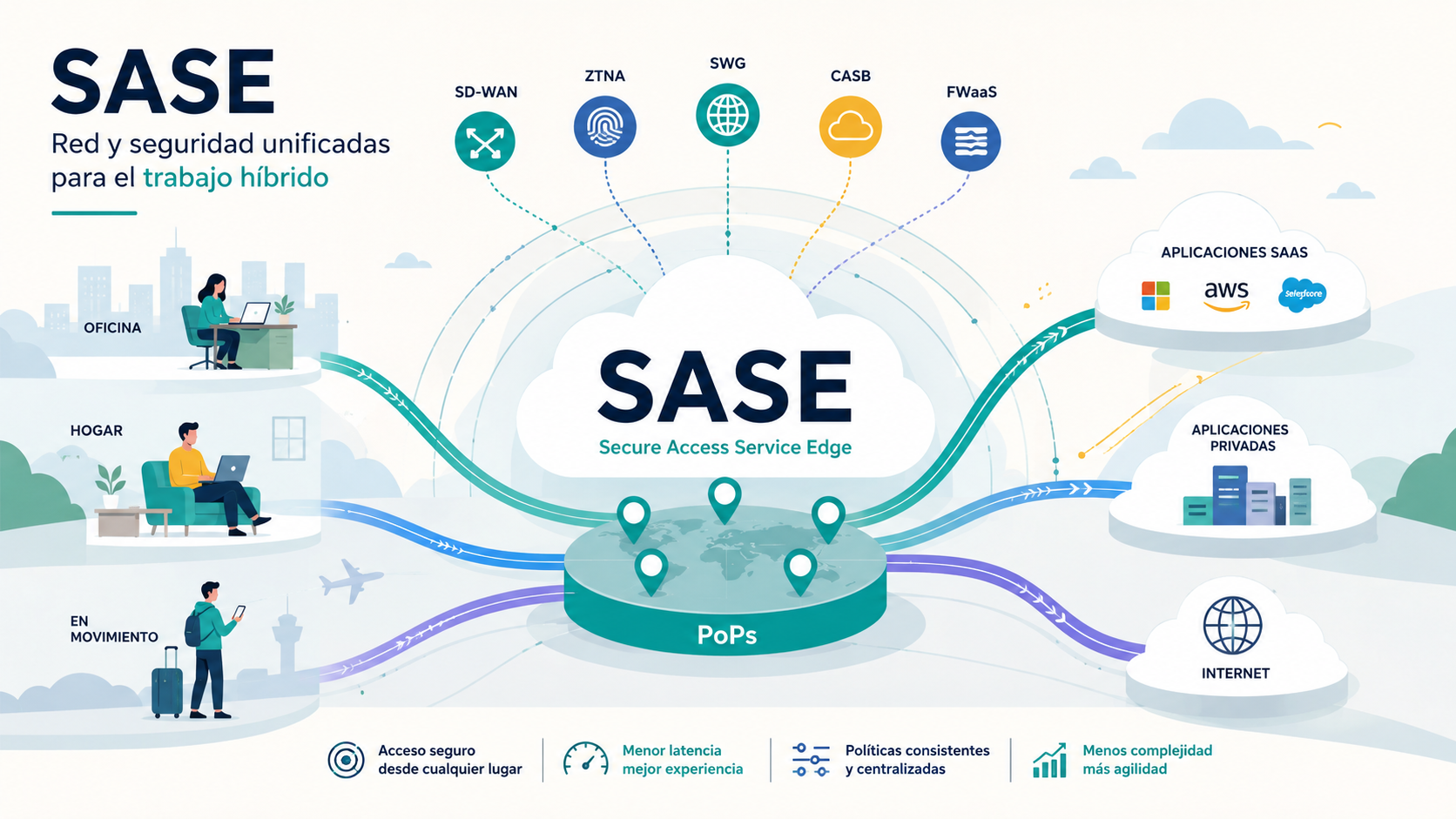 Arquitectura SASE: usuarios en oficina, hogar y movimiento conectándose a través de PoPs distribuidos hacia SD-WAN, ZTNA, SWG, CASB y FWaaS, con salida segura a aplicaciones SaaS, apps privadas e internet