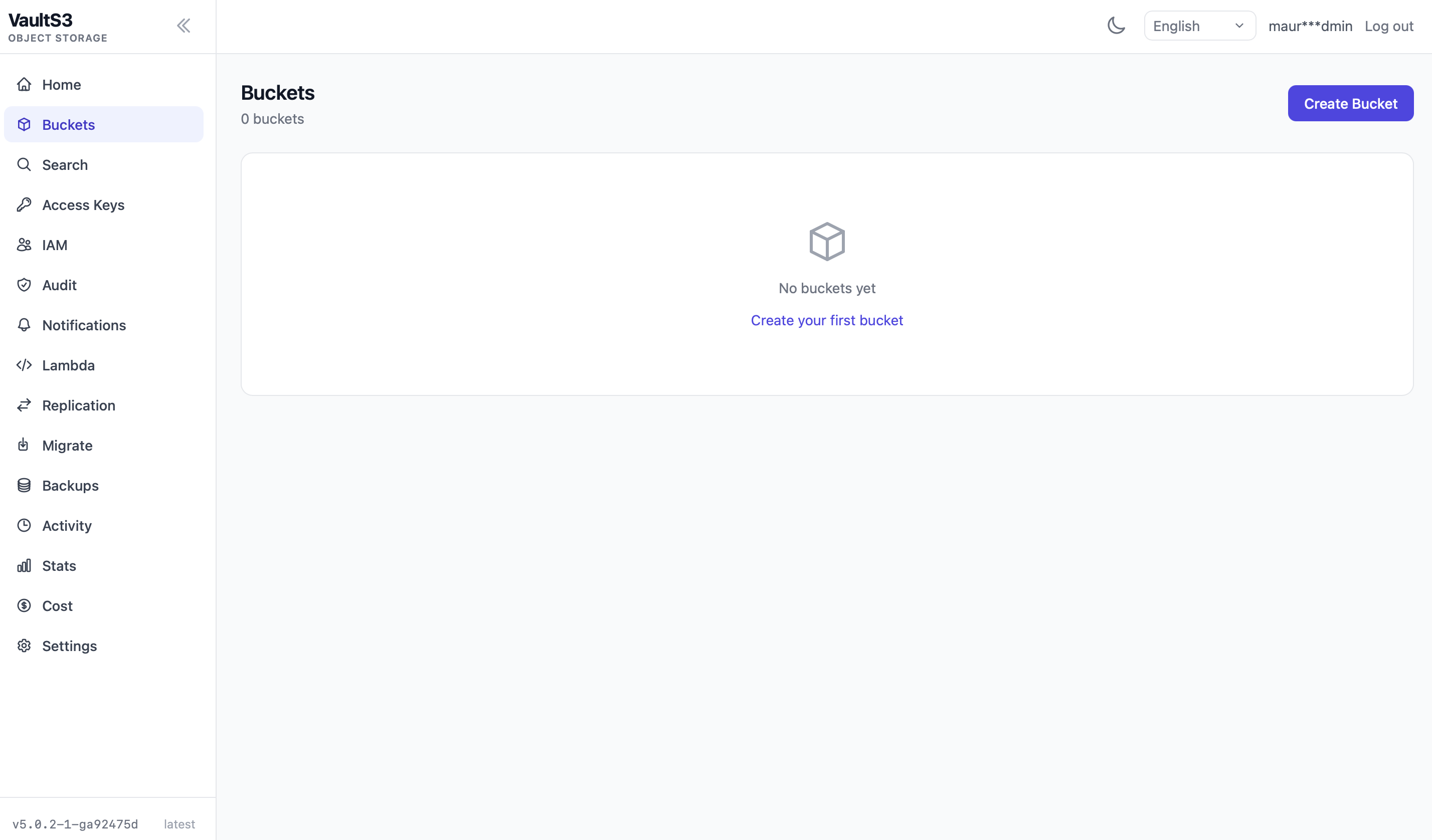 Dashboard de VaultS3 recién instalado