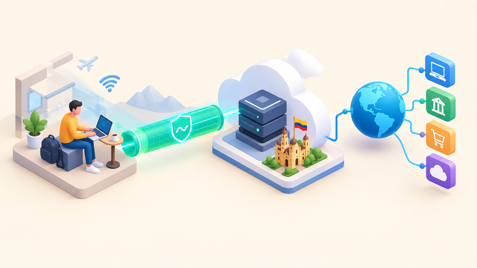 Túnel WireGuard cifrado entre un portátil y una VM de Oracle Cloud en Bogotá con salida a internet por IP colombiana